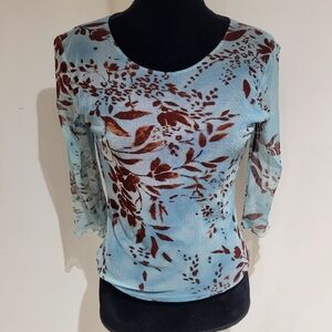 Oppio Women's 3/4 Sleeve Floral Sheer Overlay Top Blue Brown Boho Y2K Stretch